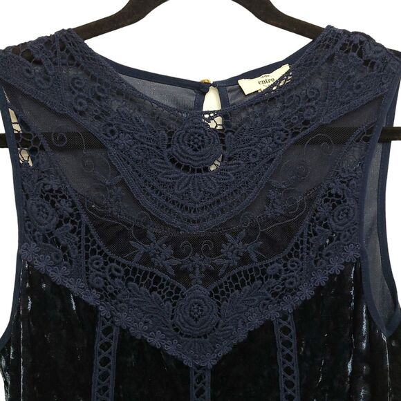 Entro Women's SZ M Velvet Crochet Lace Shift Mini Dress Sapphire Blue Sleeveless - Picture 2 of 10